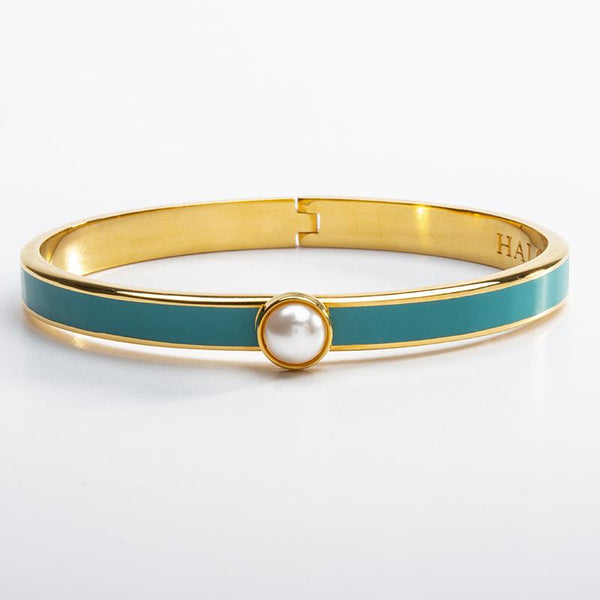Load image into Gallery viewer, Halcyon Days &quot;Skinny Cabochon Pearl Turquoise &amp; Gold&quot; Bangle
