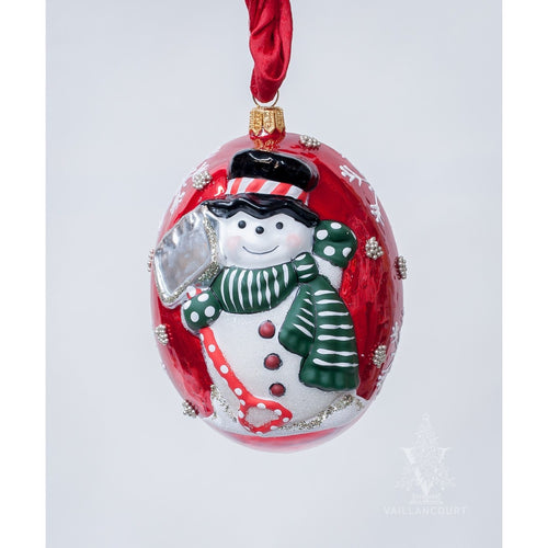 Vaillancourt Folk Art - Jingle Balls Snowman with Shovel on Red Ornament