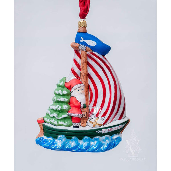 Load image into Gallery viewer, Vaillancourt Folk Art - Santa on St. Nicholas Nantucket Sailboat Ornament
