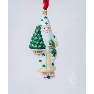 Vaillancourt Folk Art - Irish Santa in White with Shamrocks Ornament