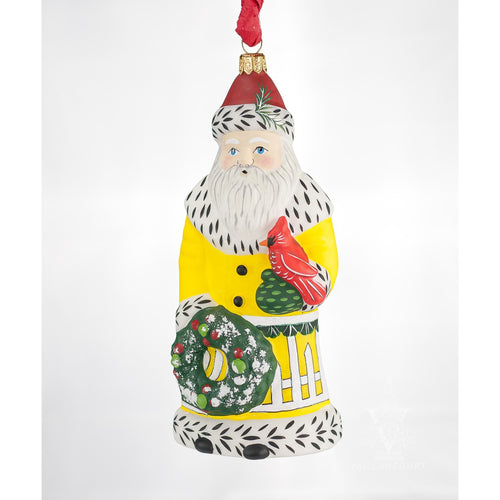 Vaillancourt Folk Art - Santa in Yellow with Cardinal Ornament