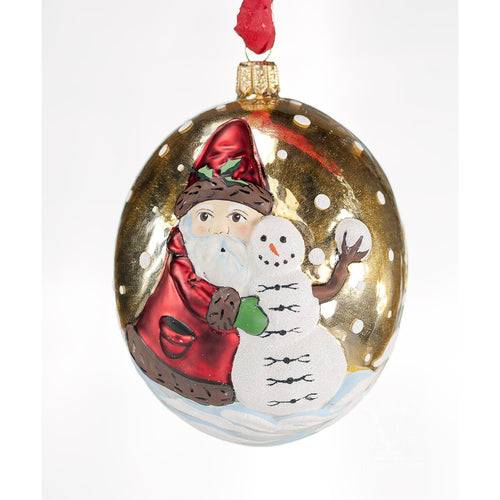 Vaillancourt Folk Art - Jingle Balls Santa on Gold with Snowman Ornament