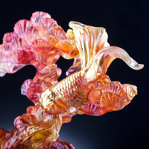 Liuli LIULI Crystal Fish and Pine Tree, Evergreen Prosperity - Amber Red