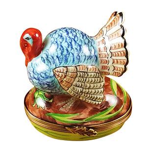 Rochard "Blue Turkey with Cornstalk" Limoges Box