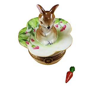 Rochard "Brown Bunny on Leaf with Removable Carrot" Limoges Box