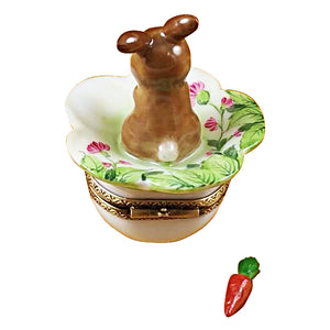 Rochard "Brown Bunny on Leaf with Removable Carrot" Limoges Box