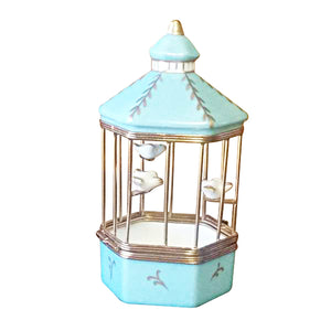 Rochard "Tiffany Blue Bird Cage with 3 Gold Birds" Limoges Box
