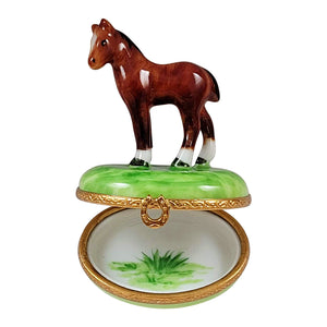 Rochard "Standing Mini Horse with a Removable Brass Horseshoe" Limoges Box