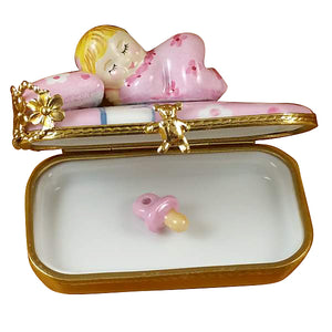 Rochard "Baby in Pink Bed with Pacifier" Limoges Box