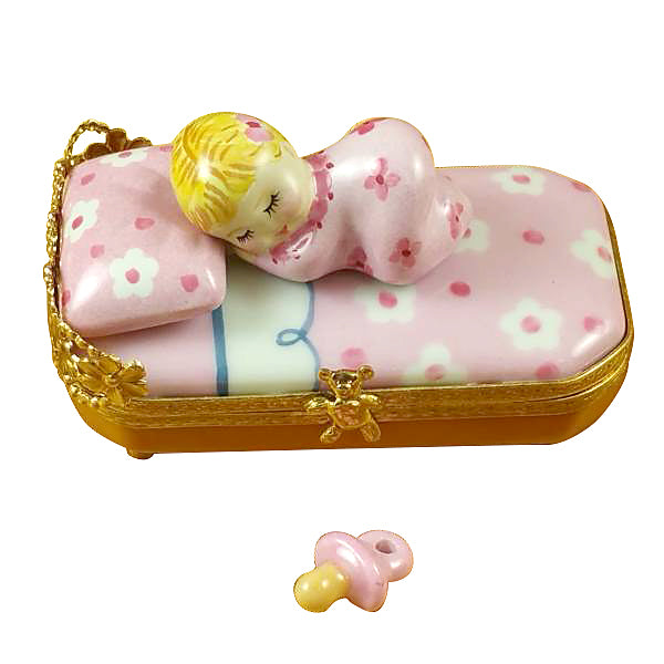 Load image into Gallery viewer, Rochard &quot;Baby in Pink Bed with Pacifier&quot; Limoges Box
