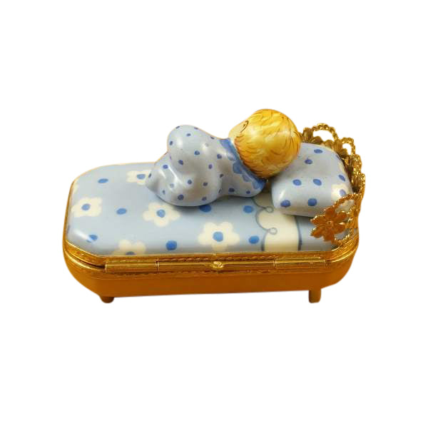 Load image into Gallery viewer, Rochard &quot;Baby in Blue Bed with Pacifier&quot; Limoges Box
