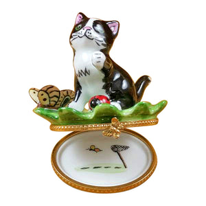 Rochard "Cat on Leaf with Ladybug and Butterfly" Limoges Box