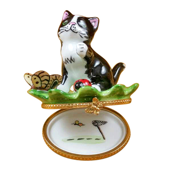 Load image into Gallery viewer, Rochard &quot;Cat on Leaf with Ladybug and Butterfly&quot; Limoges Box
