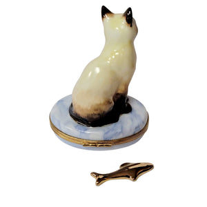 Rochard "Siamese Cat with Removable Gold Fish" Limoges Box