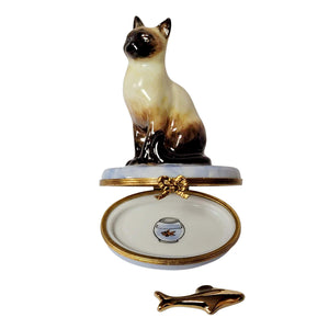 Rochard "Siamese Cat with Removable Gold Fish" Limoges Box