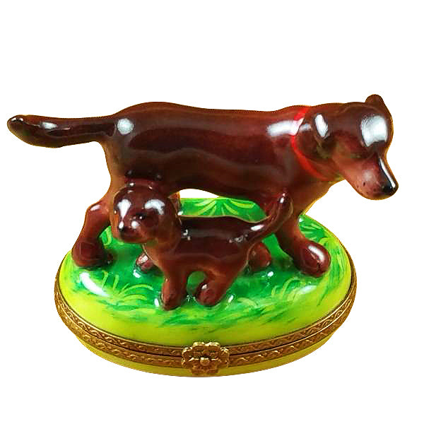 Load image into Gallery viewer, Rochard &quot;Chocolate Labrador with Puppy&quot; Limoges Box
