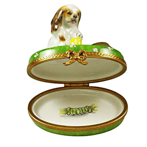 Rochard "Spaniel Puppy with Ball and Bowl" Limoges Box