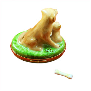 Rochard "Sitting Yellow Lab & Puppy And Removable Bone" Limoges Box