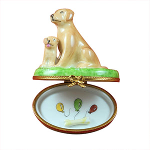 Rochard "Sitting Yellow Lab & Puppy And Removable Bone" Limoges Box