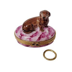 Rochard "Dachshund with Removable Brass Dog Collar" Limoges Box