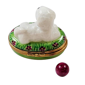 Rochard "Bichon Lying Down with Removable Ball" Limoges Box