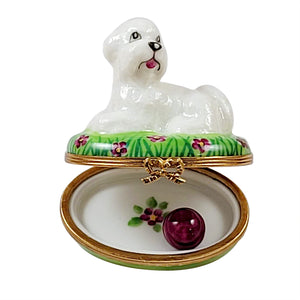 Rochard "Bichon Lying Down with Removable Ball" Limoges Box