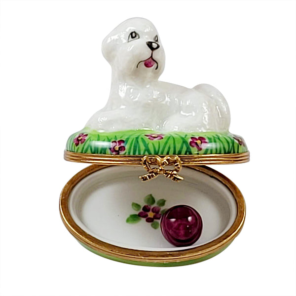 Load image into Gallery viewer, Rochard &quot;Bichon Lying Down with Removable Ball&quot; Limoges Box
