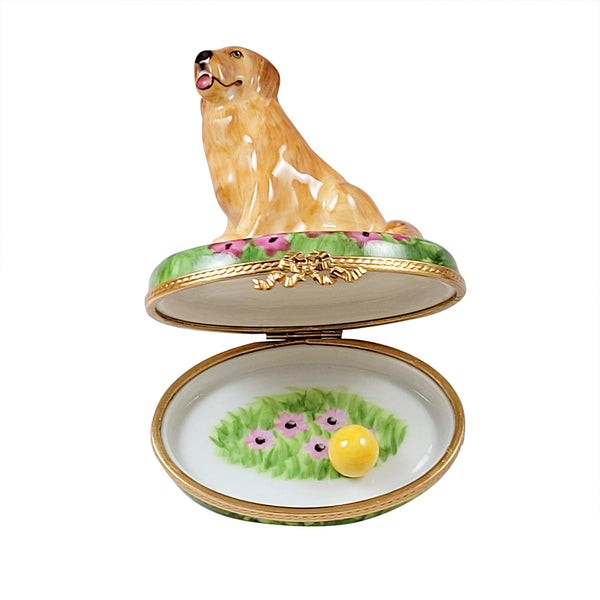 Load image into Gallery viewer, Rochard &quot;Golden Retriever on Flowers with Removable Ball&quot; Limoges Box
