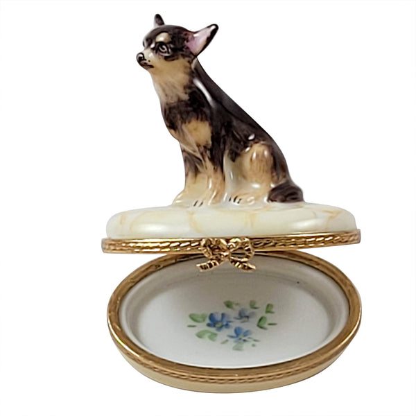 Load image into Gallery viewer, Rochard &quot;Brown and Tan Chihuahua on Tan Base with Flowers Painted Inside&quot; Limoges Box
