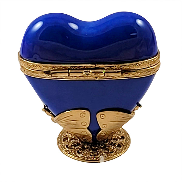 Load image into Gallery viewer, Rochard &quot;Blue and Gold Heart on Butterfly Brass Stand&quot; Limoges Box
