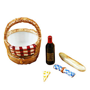 Rochard "Picnic Basket with Wine, Bread, Cheese & Napkin" Limoges Box