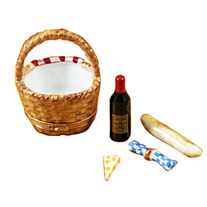 Rochard "Picnic Basket with Wine, Bread, Cheese & Napkin" Limoges Box