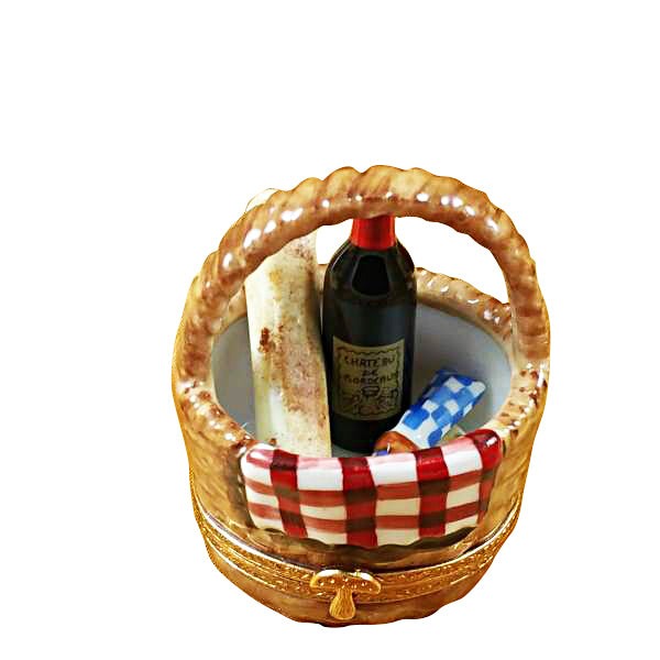 Load image into Gallery viewer, Rochard &quot;Picnic Basket with Wine, Bread, Cheese &amp; Napkin&quot; Limoges Box

