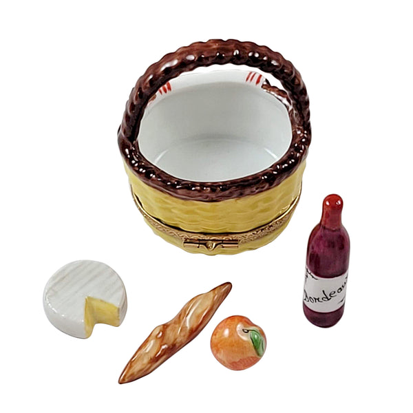 Load image into Gallery viewer, Rochard &quot;Yellow Picnic Basket with Bread, Wine, Cheese And Fruit&quot; Limoges Box
