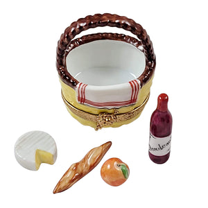 Rochard "Yellow Picnic Basket with Bread, Wine, Cheese And Fruit" Limoges Box