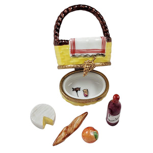 Rochard "Yellow Picnic Basket with Bread, Wine, Cheese And Fruit" Limoges Box