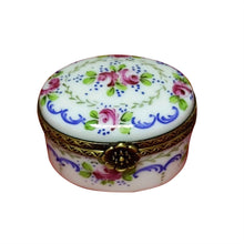 Load image into Gallery viewer, Oval with Flowers &amp; Blue Etching Limoges Box