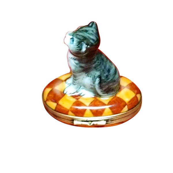 Load image into Gallery viewer, Small Gray &amp; White Cat with Red Collar on Yellow &amp; Brown Rug Limoges Box
