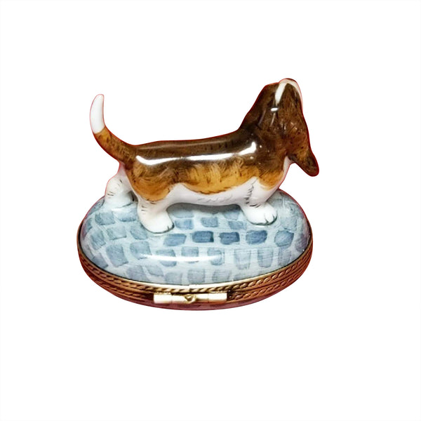 Load image into Gallery viewer, Bassett Hound/Beagle on Cobble Stones Limoges Box
