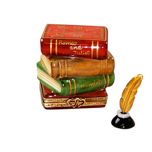 Rochard "Shakespeare Stack Of Books with Removable Porcelain Inkwell and Brass Feather" Limoges Box