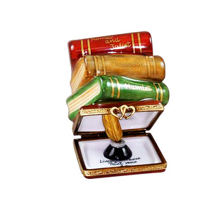 Rochard "Shakespeare Stack Of Books with Removable Porcelain Inkwell and Brass Feather" Limoges Box