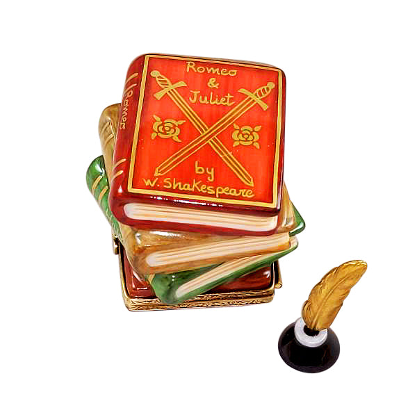 Load image into Gallery viewer, Rochard &quot;Shakespeare Stack Of Books with Removable Porcelain Inkwell and Brass Feather&quot; Limoges Box
