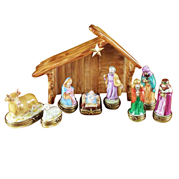 Load image into Gallery viewer, Rochard &quot;Eight Piece Mini Hinged Nativity With Porcelain Stable&quot; Limoges Box
