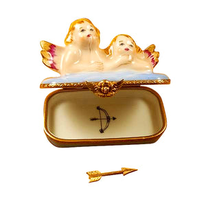 Rochard "Two Angels on Blue Base with Removable Arrow" Limoges Box