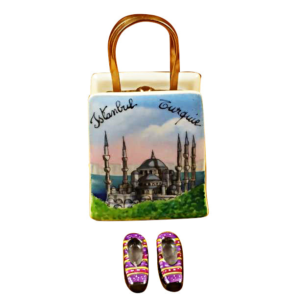 Load image into Gallery viewer, Rochard &quot;Istanbul Turkey Shopping Bag with Removable Turkish Slippers&quot; Limoges Box
