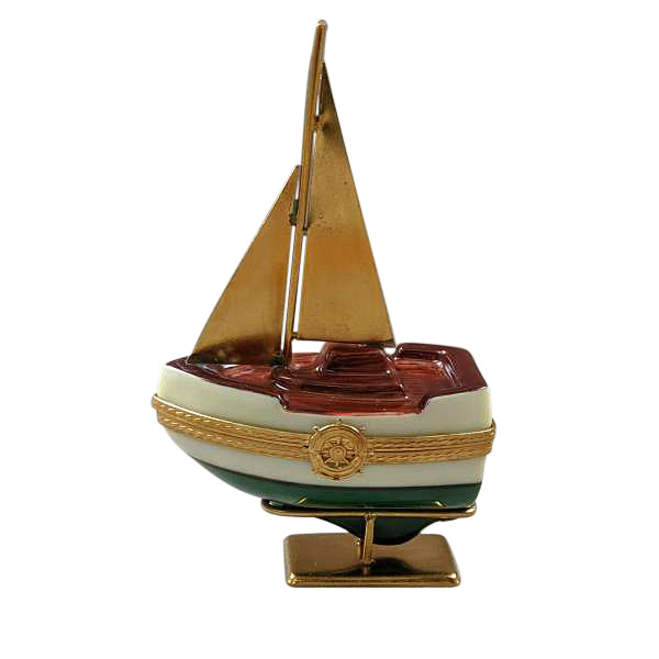 Load image into Gallery viewer, Rochard &quot;Sailboat with Brass Sails and Stand with Removable Anchor&quot; Limoges Box
