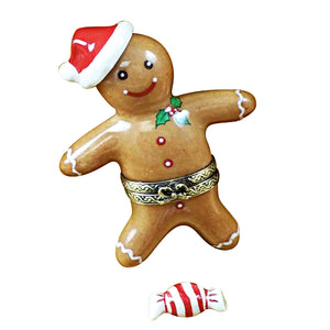 Rochard "Santa Gingerbread Man with 3D Hat and Removable Peppermint Candy" Limoges Box
