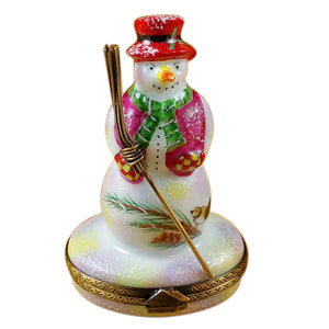 Rochard "Snowman with Red Hat and Broom" Limoges Box