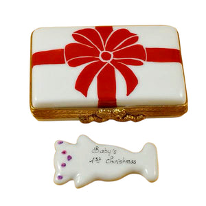 Rochard "Gift Box with Red Bow - Baby's First Christmas - Pink" Limoges Box