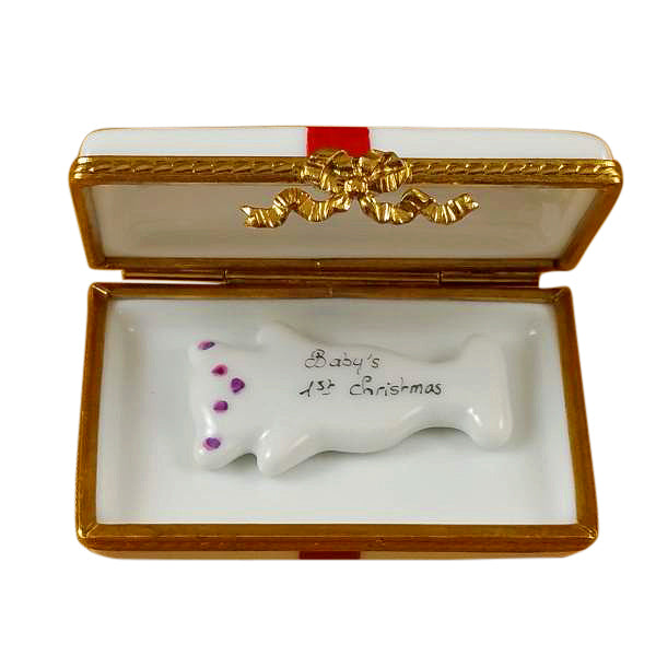 Load image into Gallery viewer, Rochard &quot;Gift Box with Red Bow - Baby&#39;s First Christmas - Pink&quot; Limoges Box

